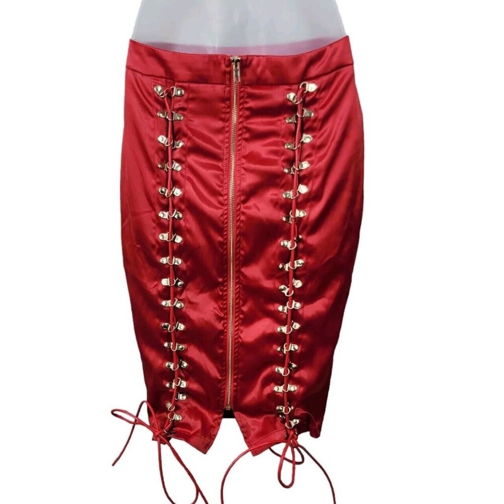 Akira Pencil Skirt Size Small Lace Up Detail Sexy Red Satin Dominatrix Evening